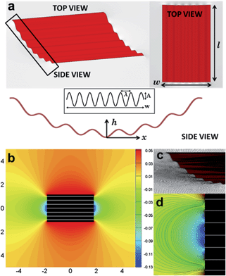 (a) Schematic of a particle for Surface Evolver simulation. (b) Iso-height contour of the equilibrium interface around a corrugated particle. (c) Perspective view of the interface shape near the undulated contact line. (d) Iso-height contour of the equilibrium interface in near field close to the corrugated side of the particle. The color code in (d) corresponds to the legend in (b).