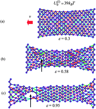 Snapshot of sample with stronger labile bonds with P = 1 at strains (a) ε = 0.30, (b) ε = 0.58 and (c) ε = 0.95. The line colors indicate the number of labile bonds in the link.