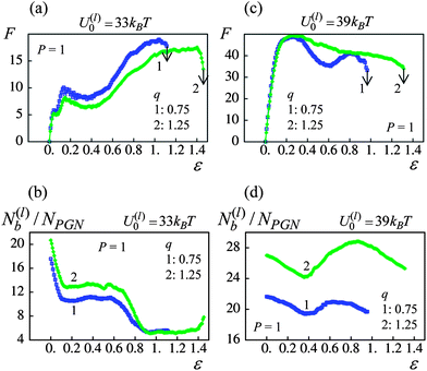 Effect of corona thickness at P = 1 on network response (blue and green lines denote q = 0.75 and 1.25 samples, respectively (a) force(F)–strain(ε) curves for U(l)0/kBT = 33. (b) Number of labile bonds/particle, N(l)b/NPGN, as a function of strain, ε, for U(l)0/kBT = 33. (c) Force(F)–strain(ε) curves for U(l)0/kBT = 39. (d) Number of labile bonds/particle, N(l)b/NPGN, as a function of strain, ε, for U(l)0/kBT = 39.