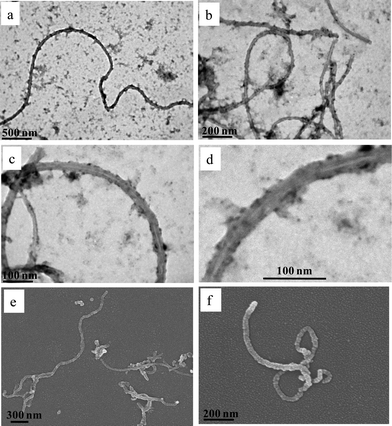 TEM (a–d) and SEM (e and f) images of MWCNT–star nanohybrids embedded on carbon-coated substrate from aqueous solutions of pH 2.