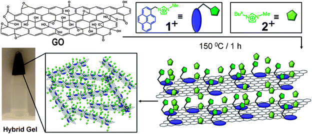 Schematic illustration of the proposed mechanism for the formation of the hybrid gel material from GO and the bifunctional compound 1+ in ILs through the thermal reduction process.