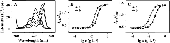 Excitation spectra of pyrene in directly dissolved aqueous solutions of mPEG113-S2-PZLL18 at different concentrations (a: 1.0, b: 1.25 × 10−1, c: 1.56 × 10−2, d: 1.95 × 10−3, e: 2.44 × 10−4 g L−1, λem = 390 nm) (A), and the intensity ratio (I340/I335) as a function of the log of the concentration of mPEG113-S2-PZLL18 (B) and mPEG113-S2-PZLL35 (C) (a: micelle1, b: micelle2).