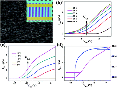 (a) SEM image of the In2Ge2O7 nanowire arrays aligned on the Si/SiO2 substrate. Inset is a schematic illustration of the In2Ge2O7 nanowire array based FET. (b) IDS–VDS curves and (c) IDS–VGS curves of a representative transistor. (d) IDS–VGS curves recorded for the same device plotted on linear (magenta) and logarithmic (blue) scales at VDS = 20 V.