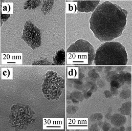 TEM images of various oxide nanoparticles obtained from aqueous precipitation. (a) YVO4:Eu (ref. 3), (b) YAG:Ce (ref. 4), (c) TiO2 (ref. 5), and (d) Fe2O3 (ref. 6).