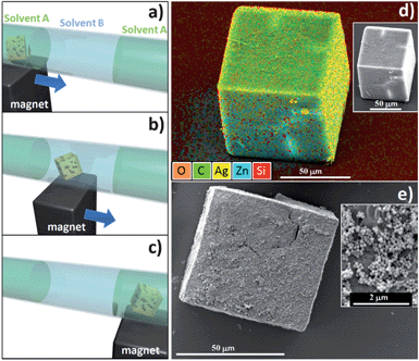 Schematic of the system used (capillary with immiscible solvents A and B). The amino functionalized mixed component single crystal embedding magnetic nanoparticles (NH2–MC–FC) has been injected in dodecane (solvent A) (a). With a magnet the NH2–MC–FC was positioned in the region filled with methanol (solvent B) (b). Then the porous crystal has been moved to the adjacent region filled with dodecane (solvent A). In experiment 1, the methanol contained Ag ions, the crystal collected the metal ions and the energy dispersive X-ray analysis showed the Ag signal (yellow colour) (d); the inset shows the SEM image. In experiment 2, the epoxy functionalized silica nanoparticles were dispersed in the methanol solution, the crystal collected the particles on its surface. The inset shows the details of the surface with the 150 nm SiO2 particles.