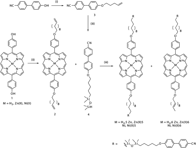 Reagents and conditions: (i) K2CO3, butanone, KI, C5H9Br, (ii) K2CO3, butanone, KI, C11H21Br and (iii) Karstedt's cat., toluene, 1,1,3,3-tetramethyldisiloxane.