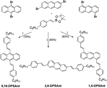 Synthesis of distyrylanthracenes. (i) (Ph3P)4Pd, Na2CO3, H2O/toluene, 90 °C.