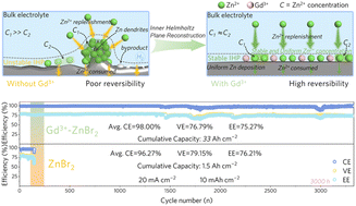 Graphical abstract: Reconstructing a Gd3+-enriched inner Helmholtz plane with a dynamic electrostatic shielding effect for highly reversible Zn–bromine flow batteries