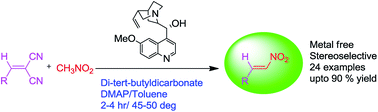 Graphical abstract: Cinchona alkaloid and di-tert-butyldicarbonate–DMAP promoted efficient synthesis of (E)-nitroolefins