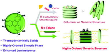Graphical abstract: Highly ordered smectic structures of disc–rod luminescent liquid crystals: the role of the tolane group