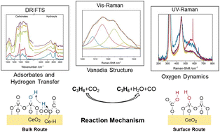 Graphical abstract: Unraveling the mechanism of the CO2-assisted oxidative dehydrogenation of propane over VOx/CeO2: an operando spectroscopic study